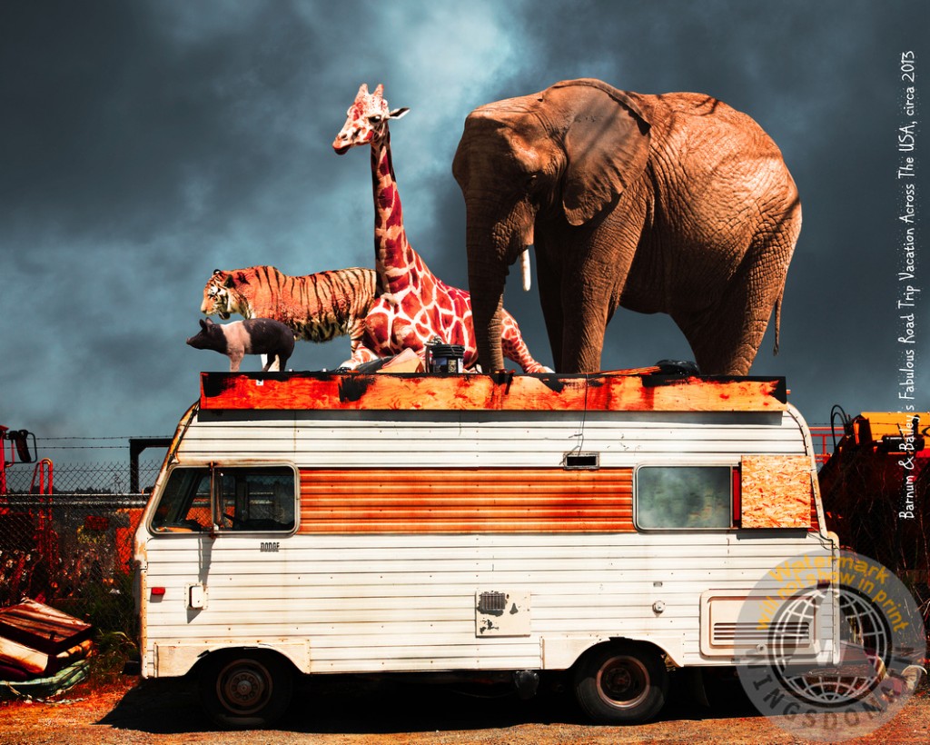transportation, vehicle, vehicles, trailer, trailers, trailer park, rv, recreational vehicle, camping, trash, redneck, barnum and bailey, ringling brothers, circus, satire, nostalgia, nostalgic, elephant, elephants, old, jalopy, retro, kitsch, kitschy, whimsical, whimsy, surreal, surrealism, fantasy, fun, funny, happy, humor, humorous, color, colorful, vacation, route 66, road trip, roadtrip, usa, america, americana, zoo, animal, backroad, backroads, tiger, cat, giraffe, giraffes, pig, chicken, rooster, contemporary, modern, wing tong, wingsdomain
