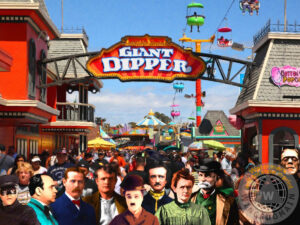 santa cruz,california,ca,famous,people,famous people,celebrity,celebrities,amusement park,amusement,park,parks,fair,fairs,carnival,side show,sideshow,crowd,crowds,portrait,portraits,butch cassidy,charlie chaplin,edgar allan poe,raven,ravens,madame curie,black bart,lizzie borden,frankenstein,bach,b movie,b,movie,movies,b movies,hollywood,summer,roller coaster,roller coasters,bright,colorful,happy,fun,humor,humorous,surreal,surrealism,fantasy,whimsical,moon,creative,wing tong,wingsdomain