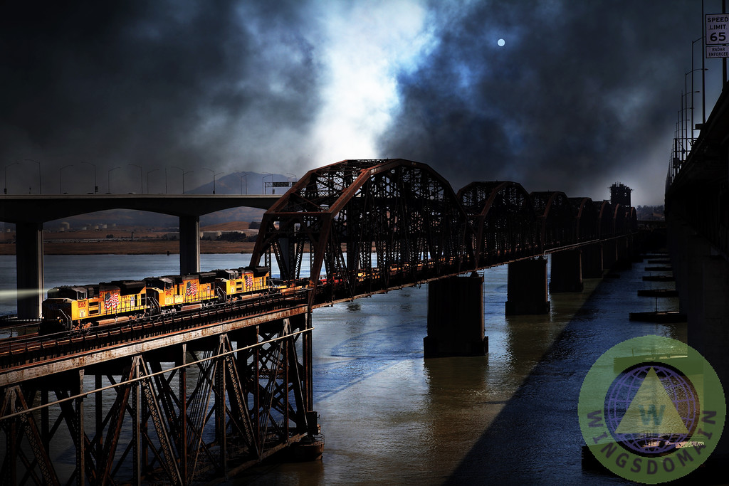 transportation, bay area, bayarea, eastbay, east bay, surreal, surrealism, fantasy, spooky, halloween, dark, moon, night, dream, ominous, bridge, bridges, benicia-martinez bridge, benicia bridge, martinez, benicia, california, ca, train, trains, locomotive, locomotives, train bridge, train bridges, trestle, trestles, railroad trestle, railroad trestles, railroad, railroads, train track, train tracks, railroad track, railroad tracks, track, tracks, union pacific, union pacific locomotive, carquinez strait, wing tong, wingsdomain