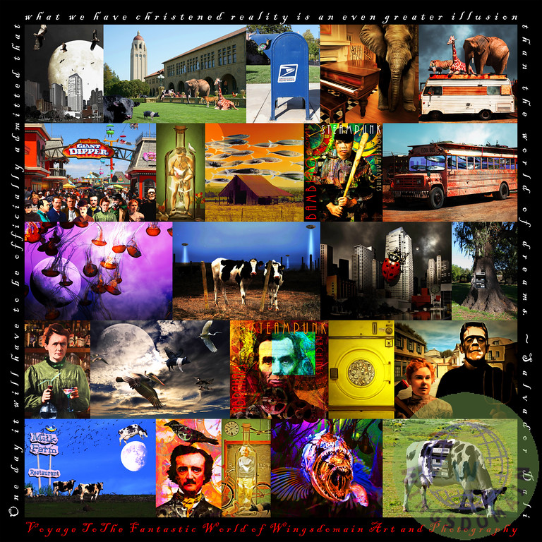 about wingsdomain,whimsical,surreal,surrealism,pop,pop art,salvador dali,andy warhol,steampunk,people,celebrity,fun,funny,humor,satire,allegory,irony,ironic,fantasy,fantastic,eclectic,eccentric,creative,creativity,imaginative,imagination,dream,bright,colorful,cheerful,animal,postal,stanford,elephant,flying pig,santa cruz,harry houdini,houdini,babe ruth,cow,science,einstein,frankenstein,edgar allan poe,poe,raven,abraham lincoln,collage,and,text,word,words,square,size,sizes,wing tong,wingsdomain