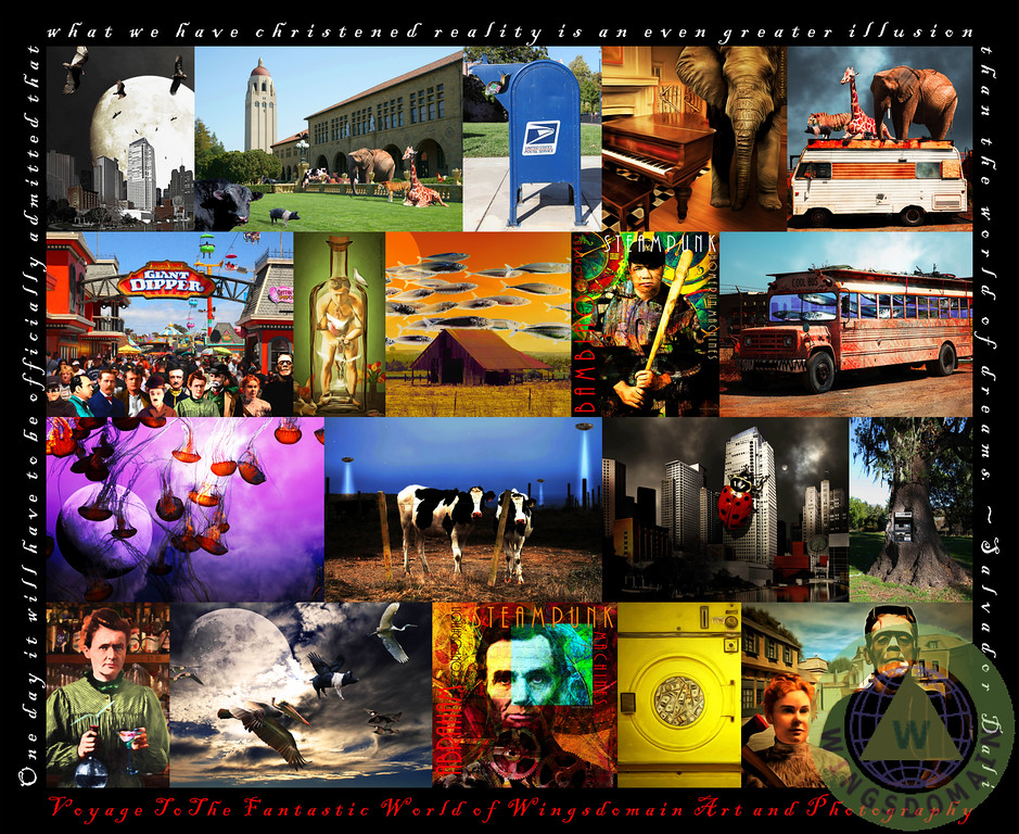 about wingsdomain,whimsical,surreal,surrealism,pop,pop art,salvador dali,andy warhol,steampunk,people,celebrity,fun,funny,humor,satire,allegory,irony,ironic,fantasy,fantastic,eclectic,eccentric,creative,creativity,imaginative,imagination,dream,bright,colorful,cheerful,animal,postal,stanford,elephant,flying pig,santa cruz,harry houdini,houdini,babe ruth,cow,science,einstein,frankenstein,edgar allan poe,poe,raven,abraham lincoln,collage,and,text,word,words,square,size,sizes,wing tong,wingsdomain