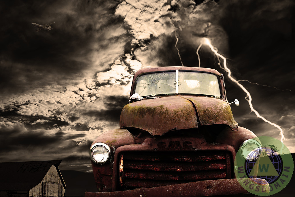 transportation, surreal, surrealism, dadaism, dali, dada, abstract, dream, dreamy, dreams, farm, farms, airplane, airplanes, barn, barns, lightning, cross, holy cross, religion, religious, sky, skies, cloud, clouds, jalopy, truck, trucks, old truck, old trucks, gmc, gmc truck, rust, rusty truck, nostalgia, yesterday, philosophical, aging, old age, americana, usa, america, country, memory, memories, nostalgia, nostalgic, night, night scene, sepia, sepia photos, black and white, black and white photography, nature, wing tong, wings domain, wingsdomain