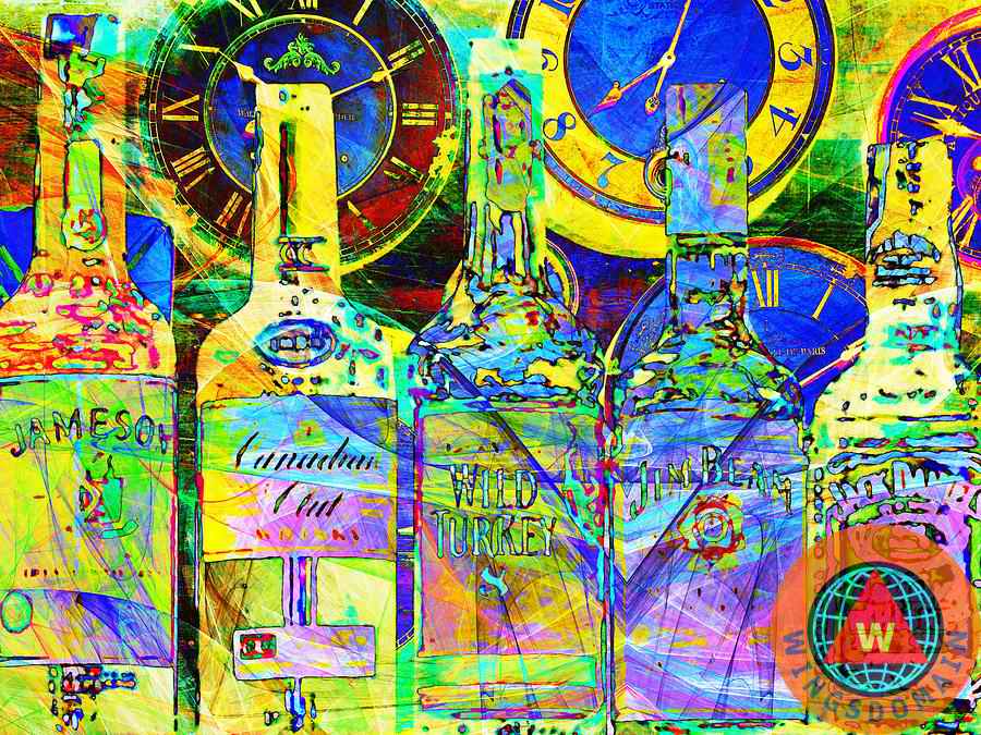 canadian club,wild turkey,jim beam,jack daniels,whiskey,whiskeys,whiskies,whisky,scotch,irish whiskey,whiskey bottle,whiskey bottles,jameson irish whiskey,bottle,bottles,alcohol,alcohols,alcoholic,alcoholic beverage,beverage,beverages,alcoholic beverages,drink,drinks,andy warhol,warhol,pop,pop art,popart,kitsch,kitschy,whimsical,modern,contemporary,party,dui,pub,pubs,bar,bars,bartender,speakeasy,prohibition,celebration,drunk,liquor,liqueur,watercolor,clock,clocks,time,wing tong,wingsdomain