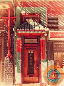 retro, vintage, old, postcard, postcards, nostalgia, nostalgic, grainy photo, faded, san francisco, sf, bayarea, bay area, california, chinatown, china town, chinatown door, china, chinese, asian, red, red door, red doors, waverly street, waverly street door, door, doors, big city, big cities, urban, metro, metropolitan, metropolis, cityscape, downtown, wing tong, wings domain, wingsdomain
