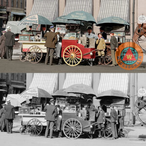 Buy Wear Youngs Hats At Frankfurter Hot Dog Stands 3 Cents Each Colorized by Wingsdomain Art and Photography. wingsdomain,vintage,old,early years,retro,color,colorized,photo,documentary,newyork,new york,city,cityscape,industrial revolution,black and white photography,history,historical,nostalgia,nostalgic,street scene,hotdog,hotdogs,hot dog,hot dogs,frankfurter,sausage,sausages,food,stand,stands,hotdog stand,hot dog stand,lemonade,hat,hats,cart,carts,horse,newspaper boy,street,streets,food,food truck,food trucks,america,usa,united states,blue collar,1800,1800s,1920,1920s,great depression,wing tong,buy,purchase,sell,for sale,prints,poster,posters,framed print,canvas print,metal print, fine art,wall art,wall decor,home decor,greeting card,print,art,photograph,photography,fineartamerica,fine art america,society6,society 6,imagekind,redbubble,zazzle