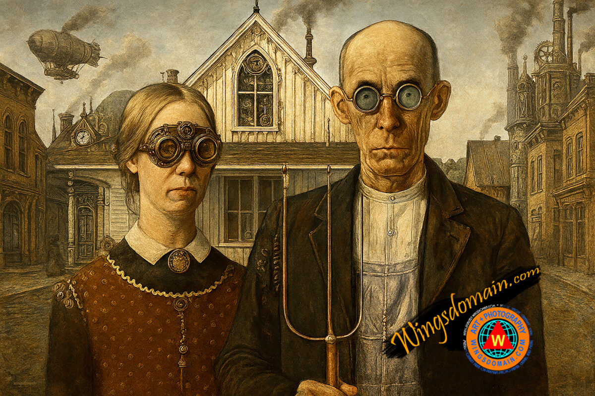 wingsdomain,american gothic,grant wood,steampunk,steam,punk,power,victorian,machine,machines,alternate,universe,history,invention,inventions,science,fiction,scifi,gear,gears,with,goggle,goggles,sprocket,sprockets,surreal,surrealism,dream,dreams,fantasy,colonial,home,homes,house,houses,husband,wife,love,marriage,people,faces,portrait,portraits,mid,west,midwest,wisconsin,missouri,folk,art,americana,american,contemporary,modern,pop,popular,culture,bright,color,colorful,vibrant,and,the,wing tong