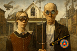 wingsdomain,american gothic,grant wood,steampunk,steam,punk,power,victorian,machine,machines,alternate,universe,history,invention,inventions,science,fiction,scifi,gear,gears,with,goggle,goggles,sprocket,sprockets,surreal,surrealism,dream,dreams,fantasy,colonial,home,homes,house,houses,husband,wife,love,marriage,people,faces,portrait,portraits,mid,west,midwest,wisconsin,missouri,folk,art,americana,american,contemporary,modern,pop,popular,culture,bright,color,colorful,vibrant,and,the,wing tong