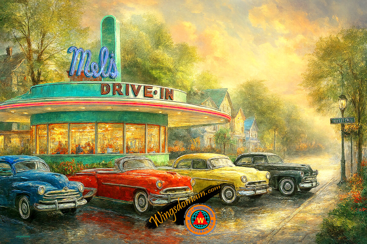 wingsdomain,san francisco,bay,area,los angeles,american,graffiti,original,mels,drive-in,diner,diners,50s,hotrod,muscle,car,cars,ford,mustang,chevy,corvette,pontiac,gto,cruising,hollywood,blvd,boulevard,nostalgia,nostalgic,america,americana,ideal,idyllic,tranquil,dream,dreamy,perfect,picturesque,utopia,life,living,innocent,innocence,calm,peaceful,quiet,evening,night,folklore,enchanted,thomas,kinkade,kincade,kincaid,old,fun,happy,bright,color,colorful,vibrant,contemporary,modern,and,the,wing tong