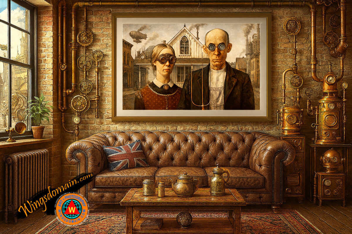 wingsdomain,american gothic,grant wood,steampunk,steam,punk,power,victorian,machine,machines,alternate,universe,history,invention,inventions,science,fiction,scifi,gear,gears,with,goggle,goggles,sprocket,sprockets,surreal,surrealism,dream,dreams,fantasy,colonial,home,homes,house,houses,husband,wife,love,marriage,people,faces,portrait,portraits,mid,west,midwest,wisconsin,missouri,folk,art,americana,american,contemporary,modern,pop,popular,culture,bright,color,colorful,vibrant,and,the,wing tong