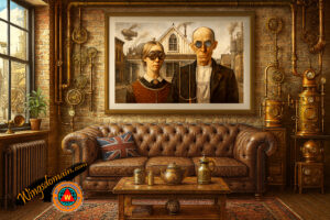 wingsdomain,american gothic,grant wood,steampunk,steam,punk,power,victorian,machine,machines,alternate,universe,history,invention,inventions,science,fiction,scifi,gear,gears,with,goggle,goggles,sprocket,sprockets,surreal,surrealism,dream,dreams,fantasy,colonial,home,homes,house,houses,husband,wife,love,marriage,people,faces,portrait,portraits,mid,west,midwest,wisconsin,missouri,folk,art,americana,american,contemporary,modern,pop,popular,culture,bright,color,colorful,vibrant,and,the,wing tong