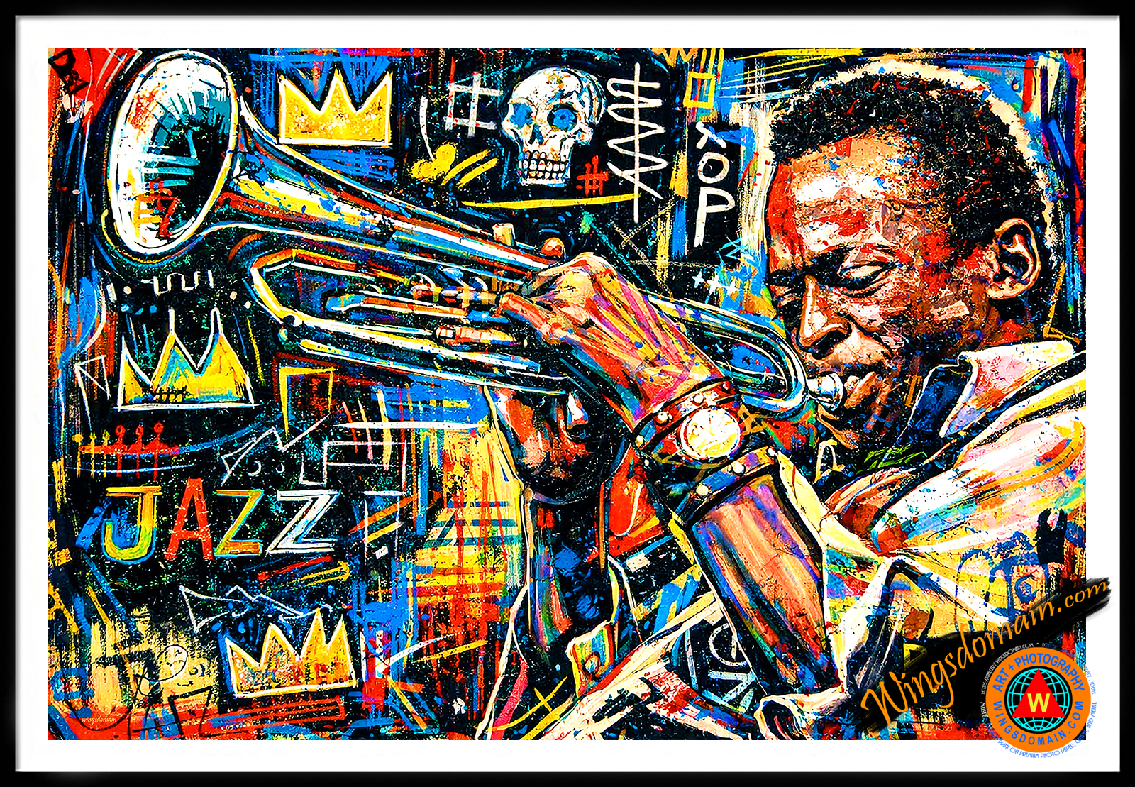 wingsdomain,miles,davis,trumpet,trumpeter,horn,bugle,jazz,age,big,band,bands,music,musical,musician,musicians,1920s,1930s,1940s,roaring 20s,cool,hip,hipster,nightclub,nightclubs,night,club,clubs,entertainer,night,life,nightlife,hangout,cotton,club,duke,ellington,louis,armstrong,ella,fitzgerald,dizzy,gillespie,count,basie,black,african,american,jean,michel,basquiat,neo-expressionism,brutalism,graffiti,samo,manhattan,nostalgic,nostalgia,colorful,vibrant,bright,contemporary,modern,and,the,wing tong