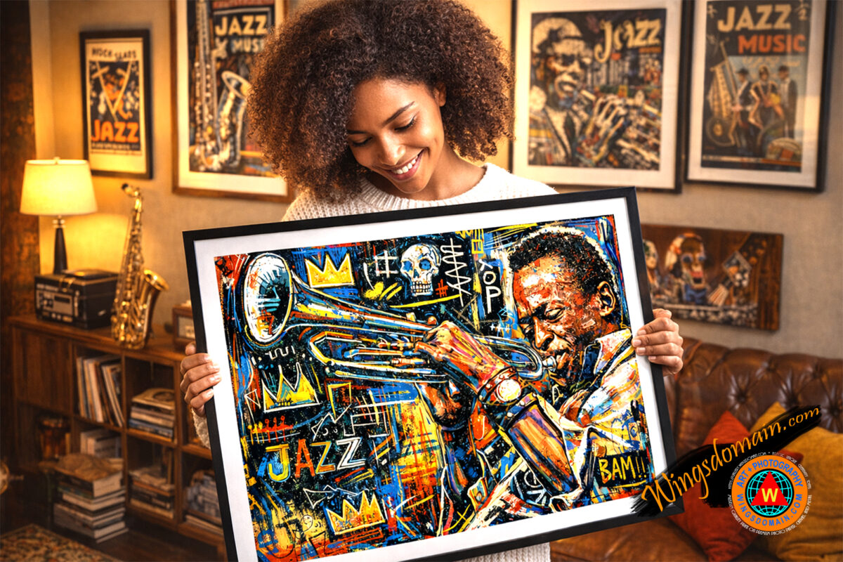 wingsdomain,miles,davis,trumpet,trumpeter,horn,bugle,jazz,age,big,band,bands,music,musical,musician,musicians,1920s,1930s,1940s,roaring 20s,cool,hip,hipster,nightclub,nightclubs,night,club,clubs,entertainer,night,life,nightlife,hangout,cotton,club,duke,ellington,louis,armstrong,ella,fitzgerald,dizzy,gillespie,count,basie,black,african,american,jean,michel,basquiat,neo-expressionism,brutalism,graffiti,samo,manhattan,nostalgic,nostalgia,colorful,vibrant,bright,contemporary,modern,and,the,wing tong