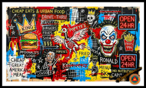 wingsdomain,fast,junk,food,fastfood,mcdonalds,big,mac,bigmac,burgerking,burgers,burger,king,whopper,taco,bell,jack in the box,kfc,in-n-out,wendys,popeyes,cheese,hamburger,cheeseburger,hotdog,hot,dog,dogs,taco,pizza,burrito,french,fries,onion,ring,rings,soda,pepsi,coca,cola,fried,chicken,nugget,chain,restaurant,drive-thru,take-out,affordable,nutrition,healthy,jean,michel,basquiat,neo-expressionism,graffiti,samo,old,vintage,classic,nostalgia,nostalgic,pop,popular,culture,cult,the,and,wing tong