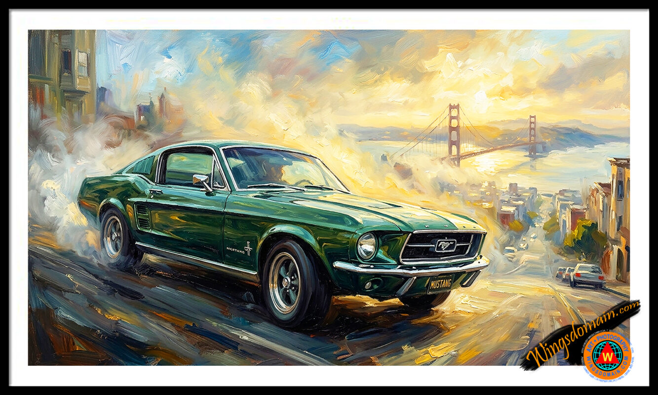 wingsdomain,1968,ford,mustang gt,fastback,highland,green,bullitt,steve,mcqueen,san francisco,california,street,streets,action,chase,pony,spoiler,louvers,hill,hills,hilly,golden,gate,bridge,hotrod,hot,rod,muscle,atmospheric,impressionism,icon,iconic,transportation,car,cars,automobile,automotive,automobilia,auto,autos,vehicle,vehicles,domestic,car,cars,american,usa,made in the usa,american,jmw,turner,old,vintage,classic,collectible,pop,popular,culture,cult,nostalgia,nostalgic,and,the,wing tong