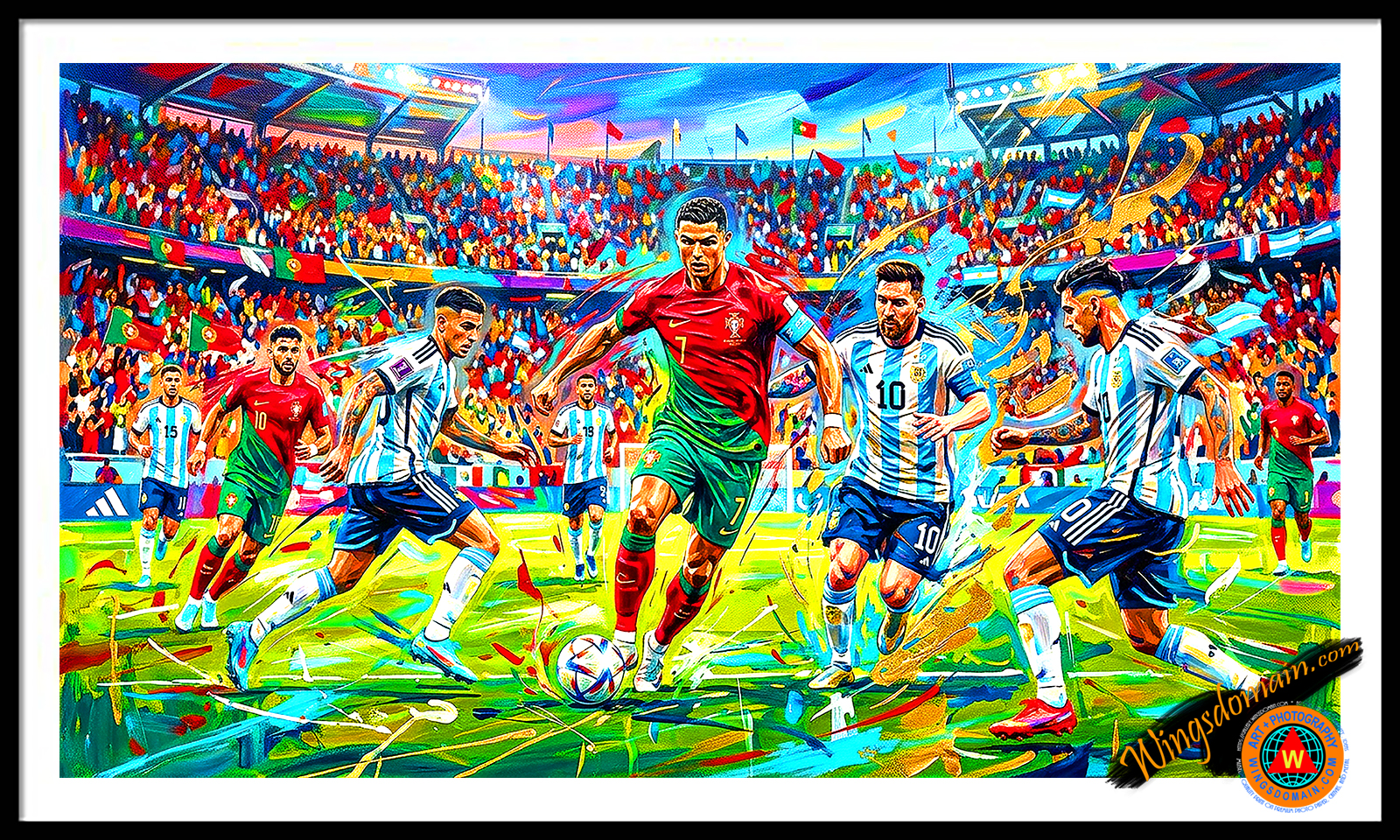 wingsdomain,international,2026,world,cup,fifa,soccer,ball,football,cristiano,ronaldo,portugal,lionel,messi,argentina,rivalry,neo-expressionism,dynamic,action,sport,sports,champs,championship,goat,metlife,stadium,new jersey,new york,san francisco,bay area,san jose,atlanta,boston,dallas,houston,kansas city,los angeles,miami,philadelphia,seattle,uruguay,jules,rimet,icon,icons,iconic,hero,heroes,mancave,fandom,collectible,men,color,colorful,classic,vibrant,contemporary,modern,and,the,wing tong