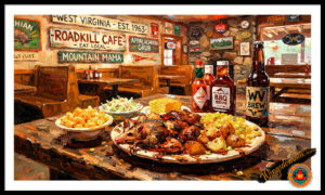 wingsdomain,roadkill,road,kill,cafe,carcass,meat,cut,cuts,food,opossum,possum,armadillo,rabbit,squirrel,venison,deer,gourmet,epicure,gastronome,gordon,ramsay,restaurant,bbq,barbeque,tabasco,sauce,foodie,chef,west,virginia,mountain,mama,appalachian,backroad,backroads,beer,white,trailer,trash,feast,platter,southern,potato,corn,macaroni,cheese,coleslaw,cornbread,hot,sauce,comfort,hillbilly,creature,creatures,fantasy,fun,funny,satire,old,vintage,nostalgia,nostalgic,americana,the,and,wing tong