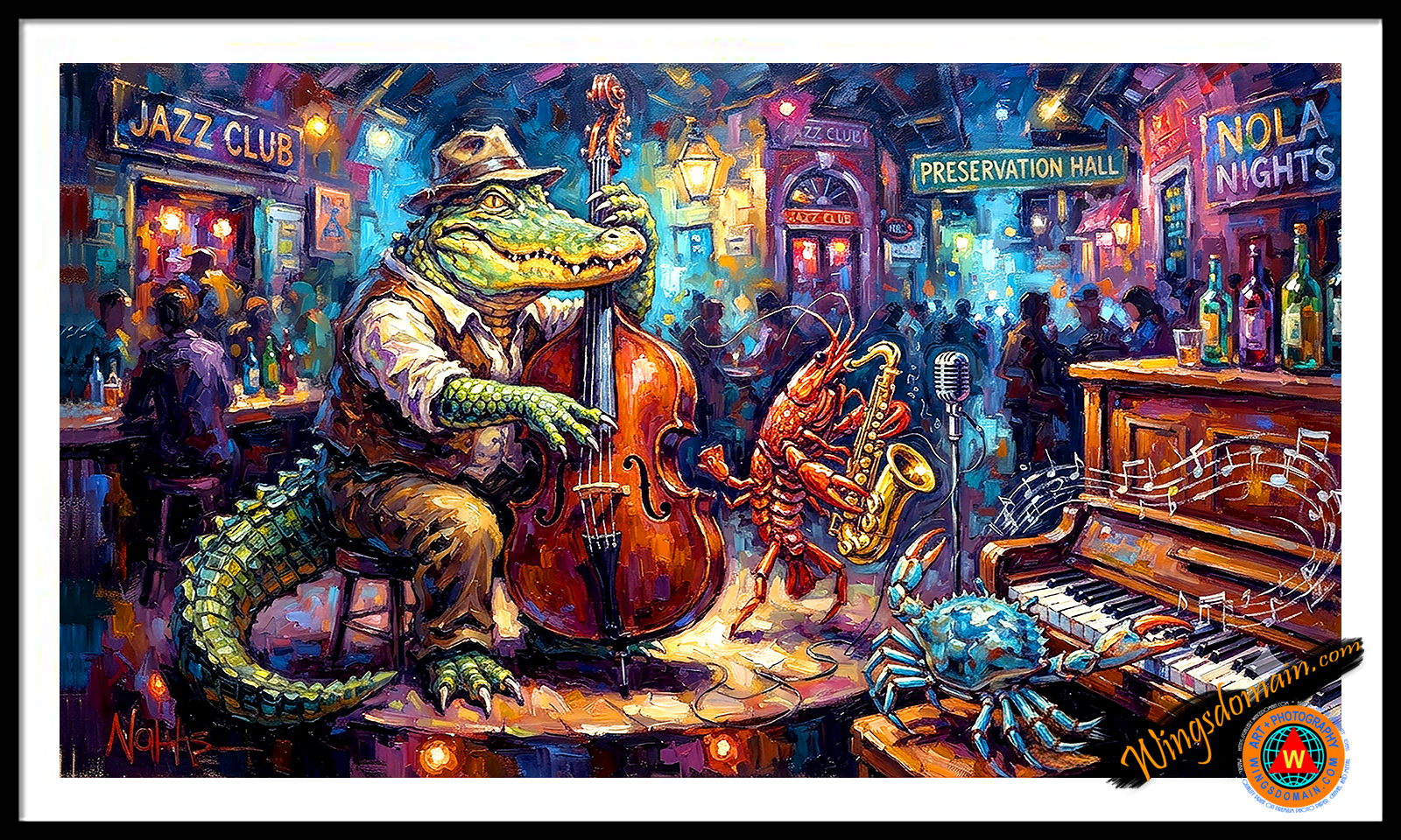wingsdomain,jazz,age,alligator,crawdad,crawfish,crayfish,blue,crab,lousiana,new orleans,nola,mardi gras,nightclub,night,cotton,club,clubs,entertainer,night,life,nightlife,double,bass,piano,keyboard,sax,saxophonecajun,creole,gumbo,bebop,bop,r&b,rhythm,blues,big,band,bands,music,musical,musician,musicians,trumpet,trombone,drum,cool,hipster,duke,ellington,louis,armstrong,ella,fitzgerald,dizzy,gillespie,count,basie,miles,davis,nostalgic,nostalgia,colorful,contemporary,modern,and,the,wing tong