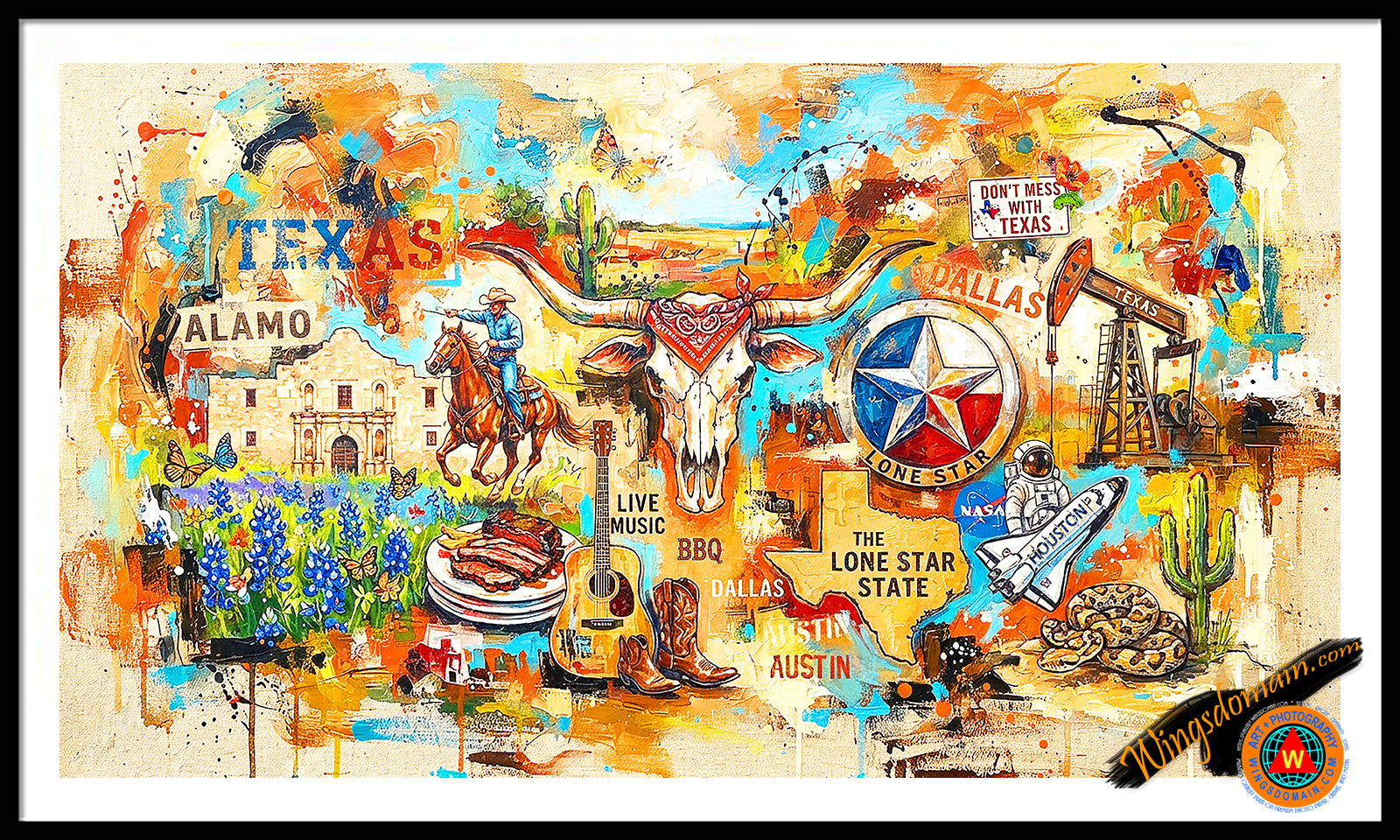 wingsdomain,dallas,texas,houston,austin,san antonio,fort,worth,el paso,waco,laredo,lonestar,lone,star,state,cowboy,cowboys,remember the alamo,longhorn,long,horn,cows,cow,cattle,bbq,barbeque,nasa,space,shuttle,dell,spacex,oil,fields,field,pump,jack,drill,rig,ranger,rangers,mavericks,maverick,chihuahuan,desert,guadalupe mountains,urban,don't,mess,with,landmark,usa,america,history,historic,historical,old,vintage,nostalgic,nostalgia,colorful,vibrant,bright,contemporary,modern,and,the,wing tong