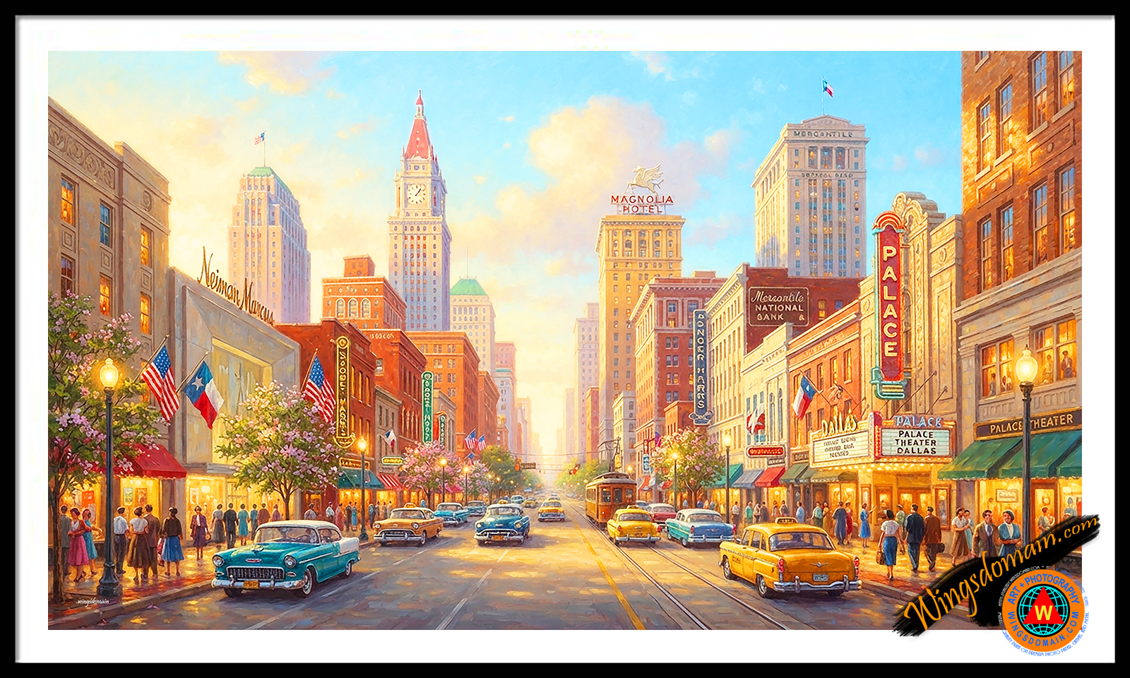 wingsdomain,dallas,texas,main,elm,commerce,street,north,titche,goettinger,sanger,brothers,neiman,marcus,magnolia,petroleum,building,hotel,pegasus,downtown,urban,cityscape,palace,theater,shopping,department,store,lone,star,state,americana,nostalgia,nostalgic,ideal,idyllic,tranquil,dream,dreamy,picturesque,life,living,calm,peaceful,quiet,fantasy,story,book,storybook,folklore,enchanting,enchanted,thomas,kinkade,kincade,kincaid,vintage,bright,colorful,vibrant,contemporary,modern,and,the,wing tong
