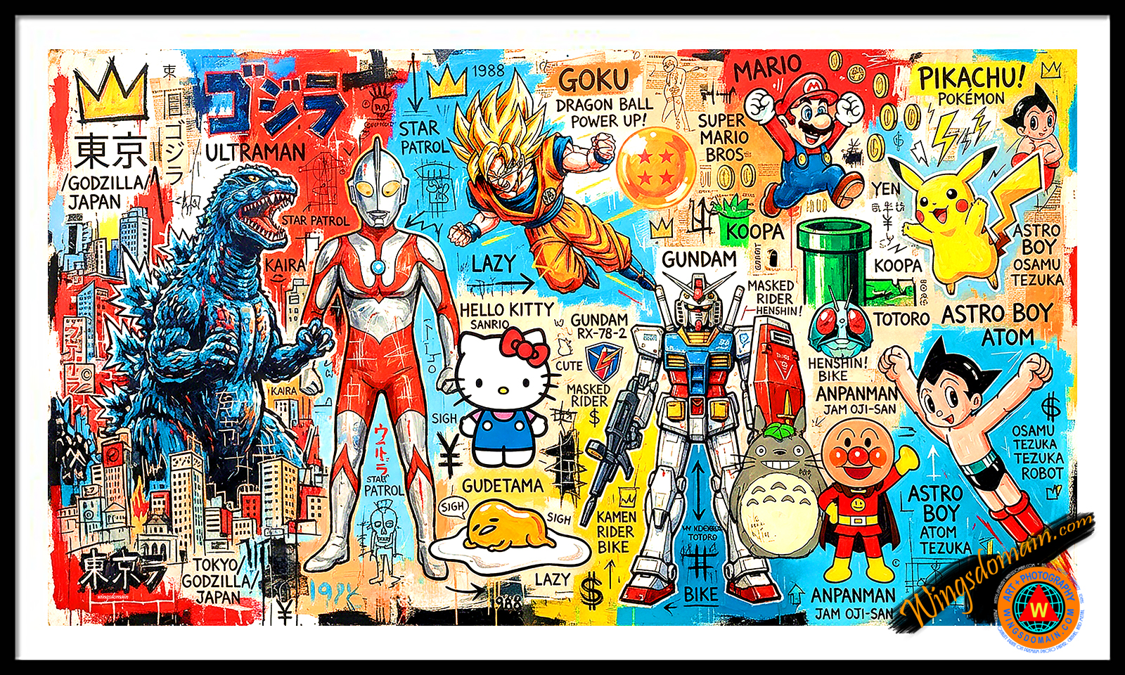 wingsdomain,shuka,japan,japanese,asian,dragonball,goku,ultraman,ultra,man,godzilla,pikachu,super,mario,gundam,gudeyama,hello,kitty,ultraman,akira,totoro,anpanman,kaman,rider,astro,boy,anime,culture,manga,kaiju,fantasy,superhero,nintendo,cosplay,akihabara,j-pop,cute,kawaii,harajuku,subculture,nostalgia,nostalgic,vintage,classic,collectible,jean,michel,basquiat,neo-expressionism,brutalism,graffiti,samo,manhattan,pop,popular,culture,cult,bright,colorful,vibrant,modern,contemporary,and,the,wing tong