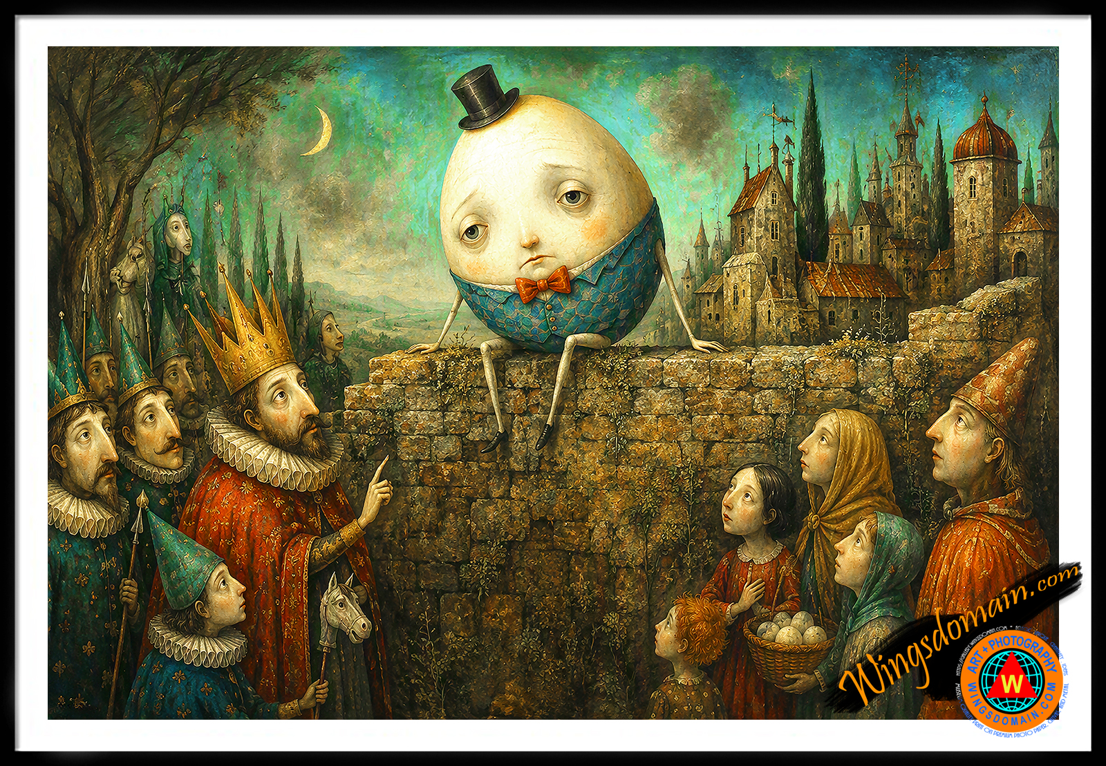 wingsdomain,humpty,dumpty,nursery,rhyme,large anthropomorphic,egg,eggs,fall,falling,fell,down,brick,wall,walls,riddle,lewis,carroll,sir,john,tenniel,through,looking,glass,royalty,king,castle,gothic,kid,kids,children,childhood,cute,adorable,charming,fantasy,fairytale,story,book,storybook,enchantment,enchanting,enchanted,magical,folk,quaint,surreal,surrealism,dream,dreams,nostalgic,nostalgia,whimsical,happy,contemporary,small,town,village,pop,popluar,culture,cult,vintage,bright,and,the,wing tong