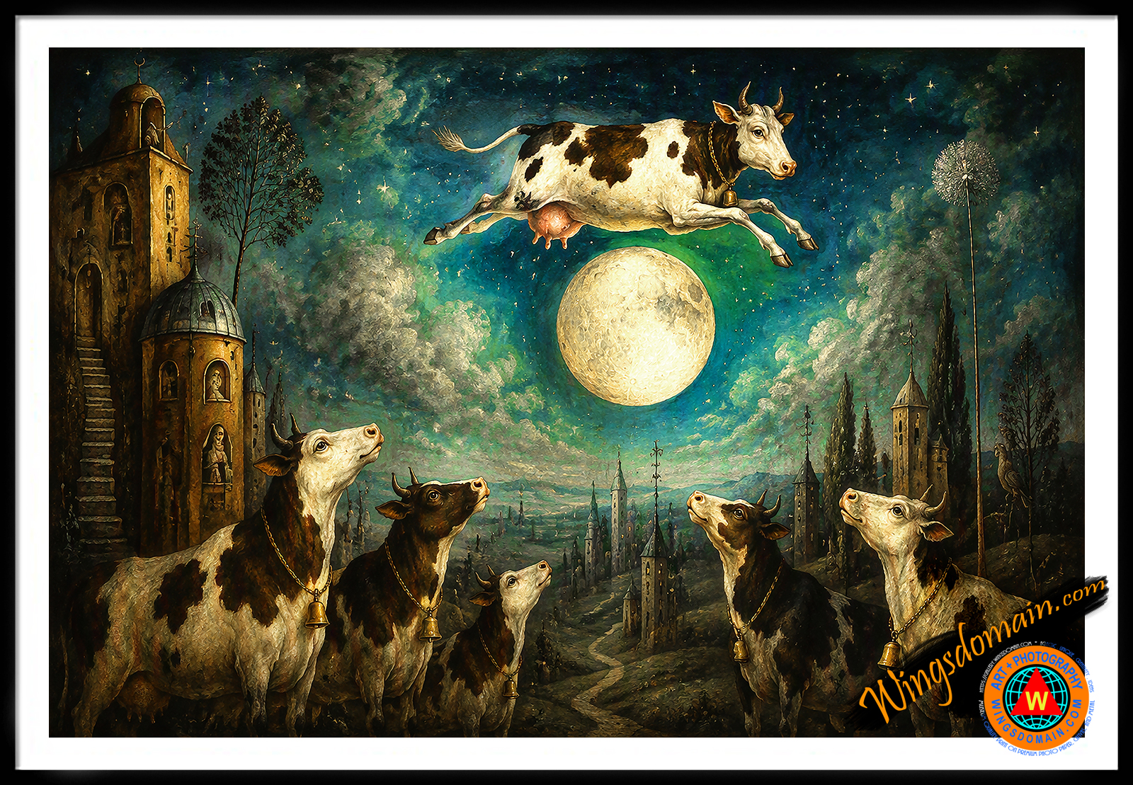 wingsdomain,cow,cows,cattle,bovine,jumped,jump,jumping,over,moon,hey,diddle,nursery,rhyme,renaissance,innocence,manipulation,riddle,kid,kids,children,childhood,small,town,village,farm,animal,animals,countryside,cute,adorable,charming,fantasy,fairytale,fairy,tale,fable,folk,folklore,story,book,storybook,enchantment,enchanting,enchanted,magical,folk,quaint,surreal,surrealism,dream,dreams,nostalgic,nostalgia,whimsical,happy,contemporary,vintage,classic,pop,popluar,culture,cult,and,the,wing tong