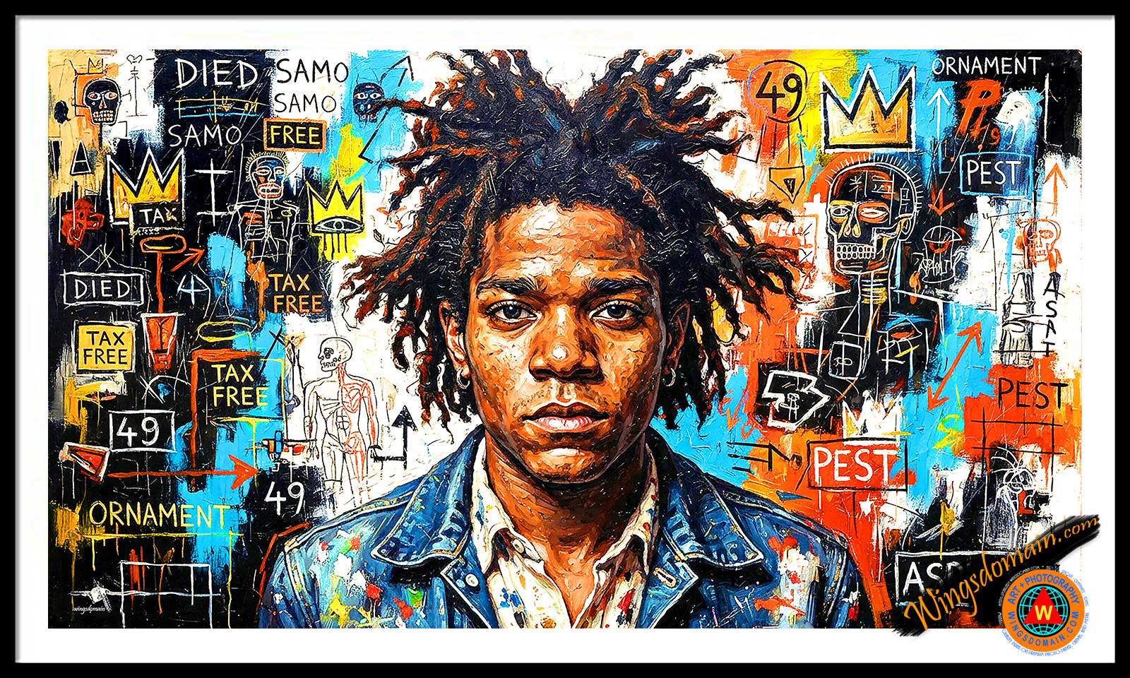 wingsdomain,pop,popular,culture,jean,michel,basquiat,dreadlock,brutalism,urban,graffiti,street,art,anatomy,anti,capitalism,samo,crown,crowns,skeleton,manhattan,political,society,social,statement,portrait,portraits,african,black,american,blm,dream,dreamy,1980s,1970s,80s,80s,neo,expression,expressionism,symbol,symbolism,fantasia,vintage,whimsical,surreal,surrealism,contemporary,fantasy,pop,popular,culture,cult,nostalgic,nostalgia,colorful,vibrant,bright,contemporary,modern,and,the,wing tong