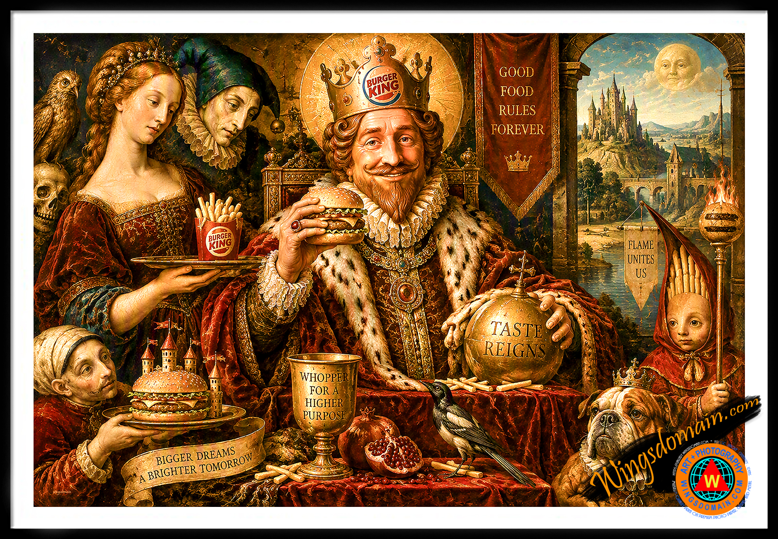 wingsdomain,burger,king,hamburger,fast,food,ruler,monarch,double,whopper,chalice,throne,satire,fun,funny,parody,daydream,entrepreneur,fairy,tale,folklore,allegory,renaissance,aristocracy,noble,nobility,royalty,medieval,gothic,social,status,kid,kids,children,childhood,adorable,fantasy,nursery,rhyme,fairytale,story,book,storybook,enchantment,enchanting,enchanted,magical,folk,quaint,surreal,surrealism,nostalgic,nostalgia,whimsical,contemporary,pop,popluar,culture,cult,vintage,and,the,wing tong