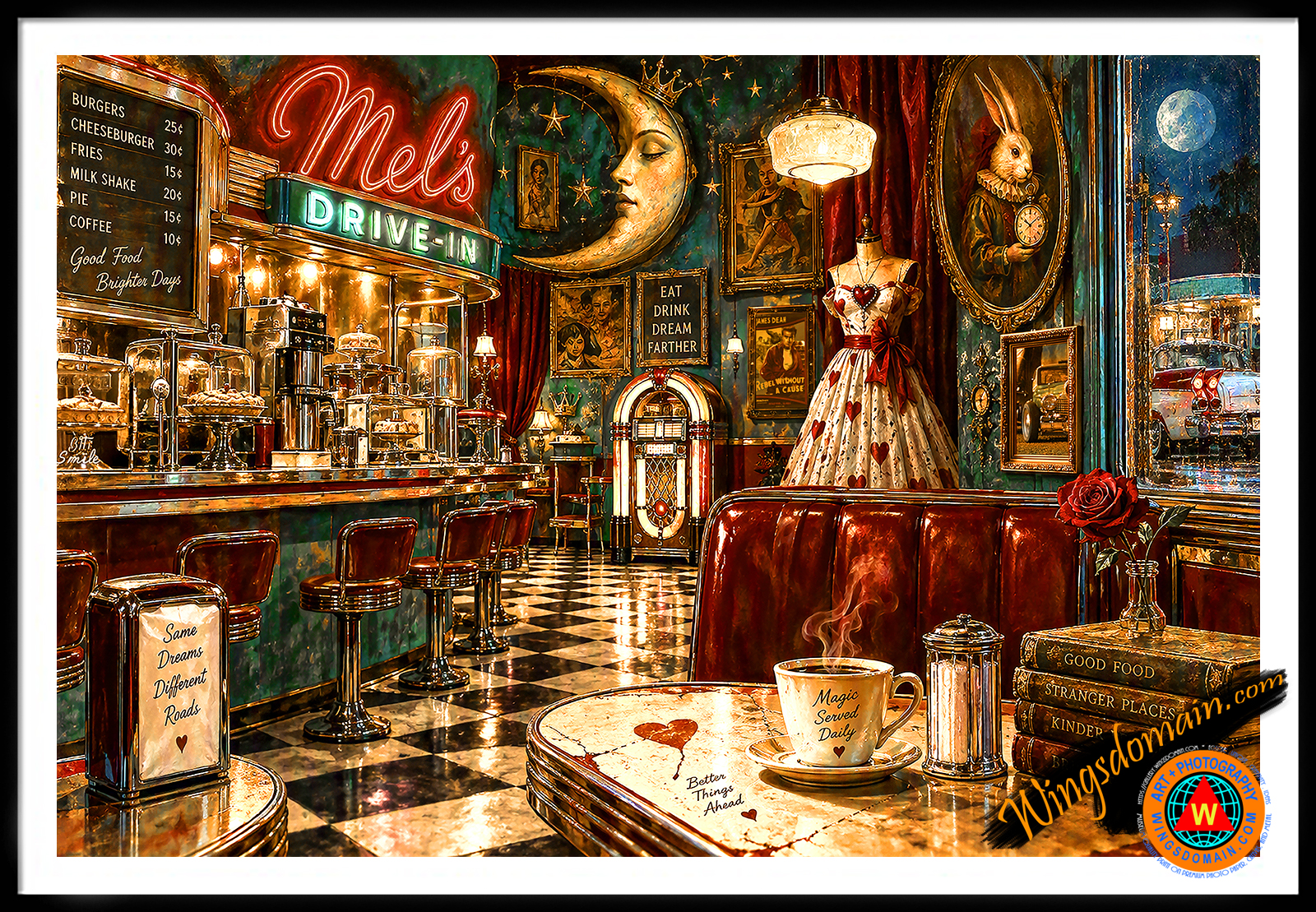 wingsdomain,20th,twentieth,century,1950s,50s,fifties,mels,drive-in,drive,in,american,diner,food,hamburger,hotrod,retro,futuristic,googie,neon,light,lights,route,66,wurlitzer,jukebox,rock,and,n,roll,james,dean,antique,americana,eclectic,esoteric,rabbit,oddities,curiosities,imagination,strange,bizarre,romanticism,romantic,golden,age,dream,dark,gothic,medieval,fantasy,magical,mystique,surreal,surrealism,nostalgic,nostalgia,whimsical,vintage,contemporary,pop,popluar,culture,cult,and,the,wing tong