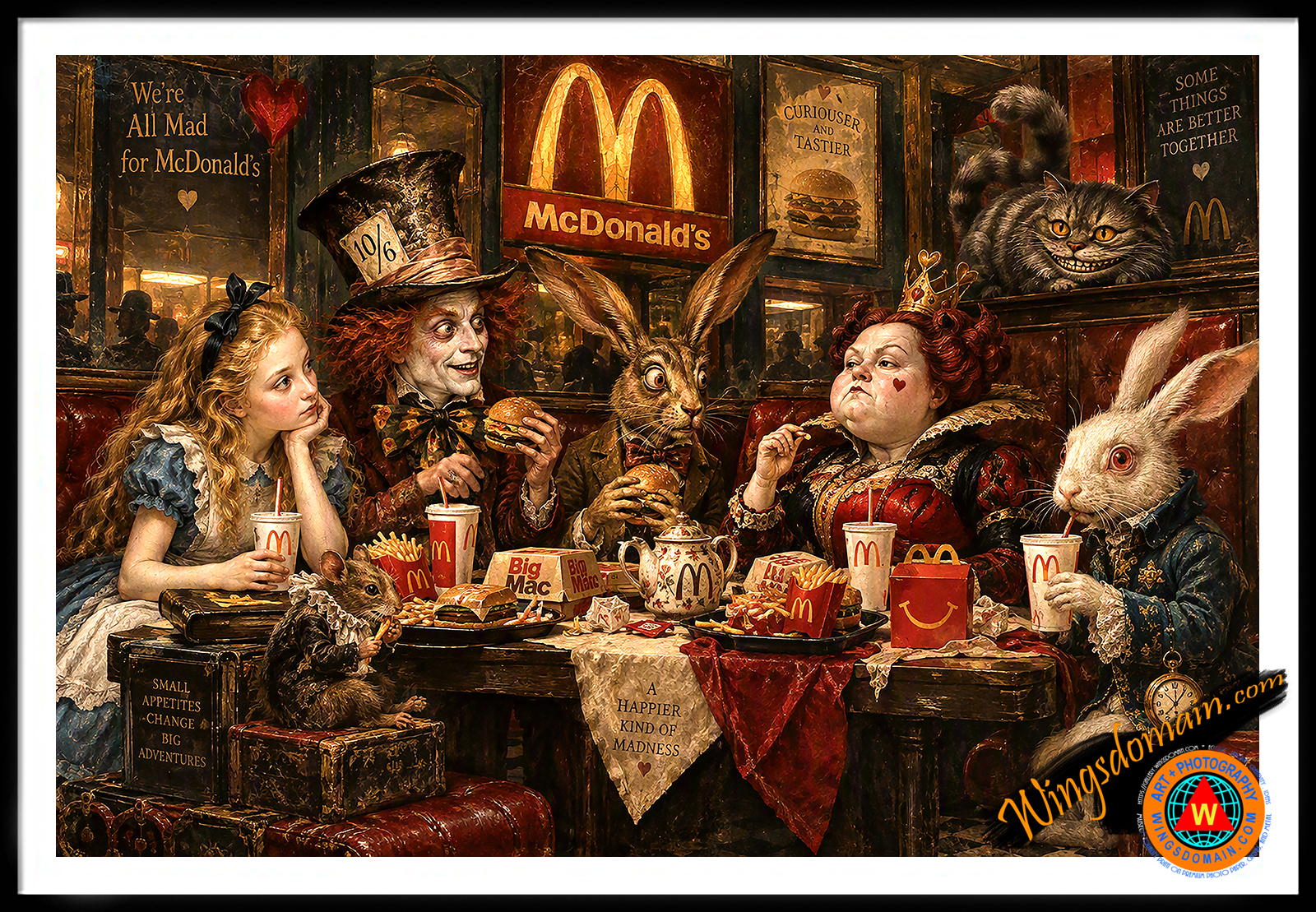 wingsdomain,alice,adventures,in,wonderland,through,looking,glass,curiouser,mad,hatter,madhatter,white,rabbit,march,hare,tea,party,mcdonalds,golden,arch,arches,fast,junk,food,chain,restaurant,queen,of,hearts,cheshire,cat,dormouse,9th,century,classic,american,literature,poetry,fairy,tale,allegory,social,status,fantasy,fairytale,story,book,storybook,enchantment,enchanting,enchanted,magical,folk,folklore,surreal,surrealism,nostalgic,nostalgia,contemporary,pop,popluar,culture,bright,and,the,wing tong
